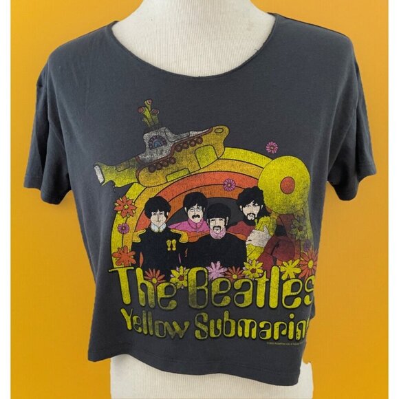 THE BEATLES YELLOW SUBMARINE Tee Shirt Women XS Gray Cropped 70s Vibes Old Navy - Picture 1 of 9